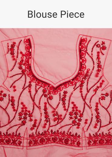 Red Net Saree With Sequins And Stone Detailing