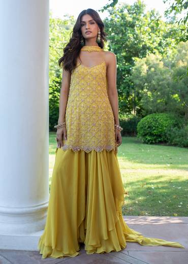 Yellow Sequin Hand Work Sharara Suit With Embroidered Choker Dupatta