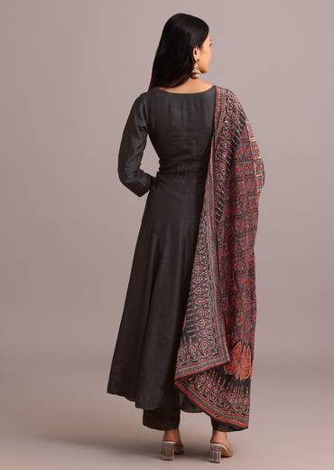 Black Embroidered Kurti Set With Modal Silk Ajrakh Printed Dupatta
