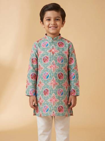 Aqua kurta sets with floral prints for boys