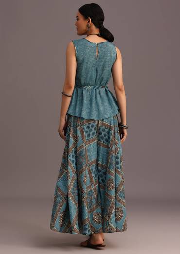 Coordinated Festive Couple Set – Blue Printed Kurti Palazzo Set With Embroidery For Her And Blue Linen Kurta Jacket Set With Ajrakh Print For Him