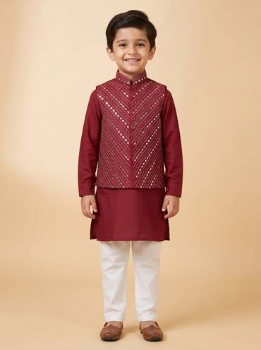 Maroon Nehru jacket sets with classic appeal for boys