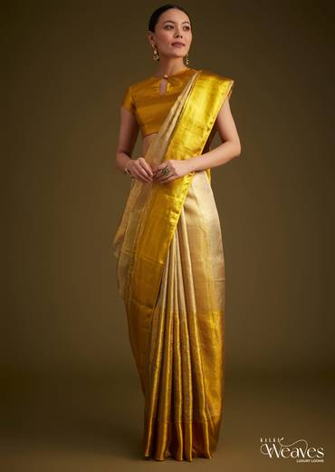 Gold Kanjivaram Silk Saree With Golden Zari Detailing