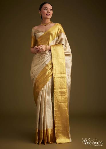 Silver Kanjivaram Silk Saree With Gold Contrast Border And Pallu