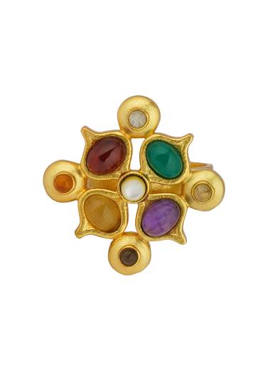 Gold Navratan Ring With Multi Stone Detailing