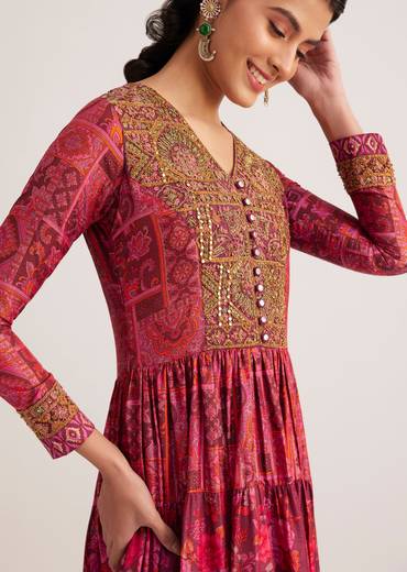 Dark Pink Silk Kurti With Indie Print