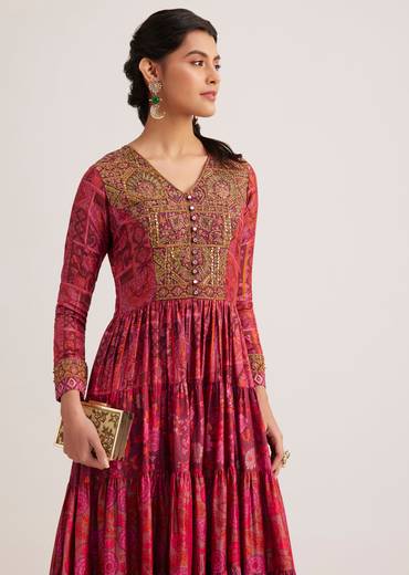 Dark Pink Silk Kurti With Indie Print