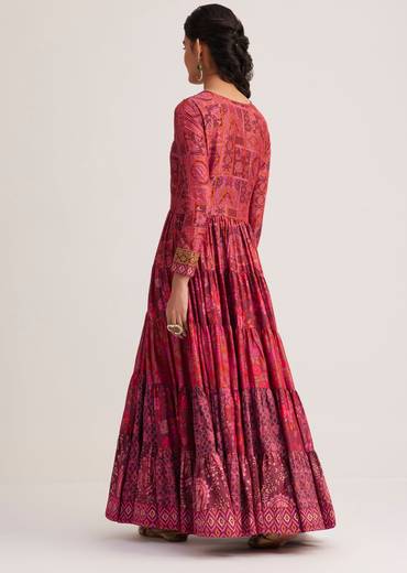 Dark Pink Silk Kurti With Indie Print