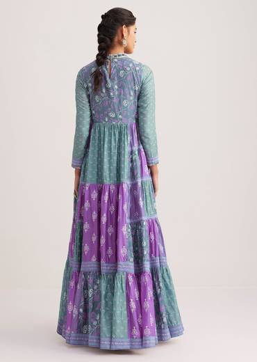 Blue Chanderi Kurti With Purple Block Print