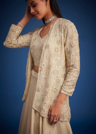 Cream Raw Silk Embroidered Jacket Lehenga Set