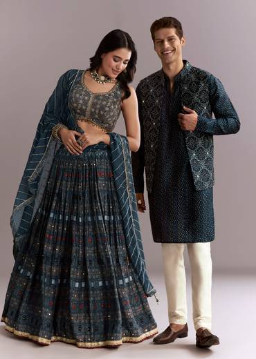 Artisan Couple Set – Indigo Modal Bridesmaid Lehenga With Ajrakh Print For Her And Blue Mirror Work Jacket Set For Him