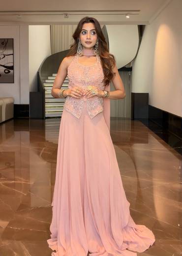 Peach Georgette Embroidered Crop Top Pant Set
