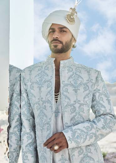 Powder Blue Self Embroidered Groom Sherwani