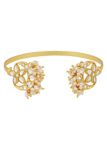 Gold Chaand Phool Bracelet With Mirror Polki And Pearls