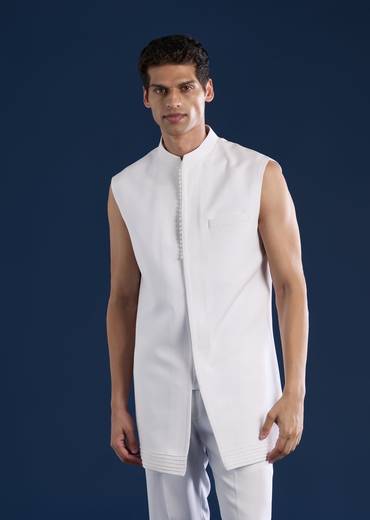 White Indo Western Set For Men With Hand Painted Work