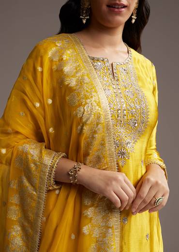 Yellow Zari Palazzo Suit Set With Dupatta