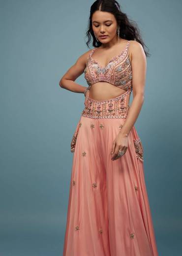 Peach Pink Embroidered Jumpsuit In Satin