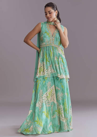 Aqua Blue Chinon Palazzo Suit With Printed Motifs