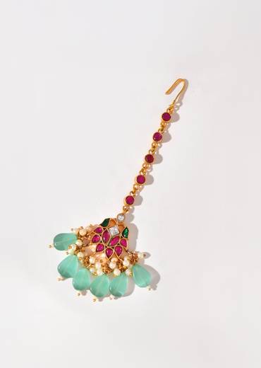 Aqua Blue Kundan Maangtikka with Bead Drops