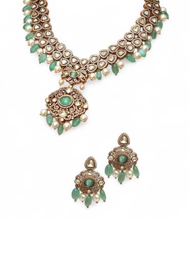 Aqua Blue Layered Modern Polki Pendant Necklace Set