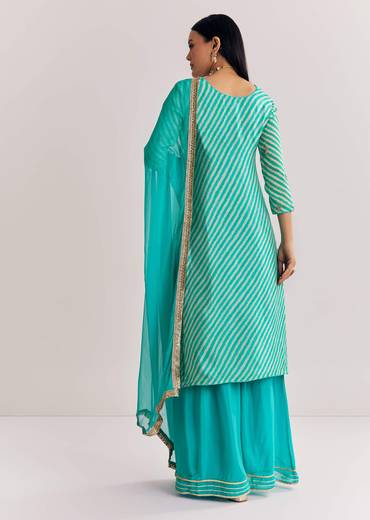 Aqua Blue Leheriya Kurta Palazzo Suit With Zardosi And Moti Work