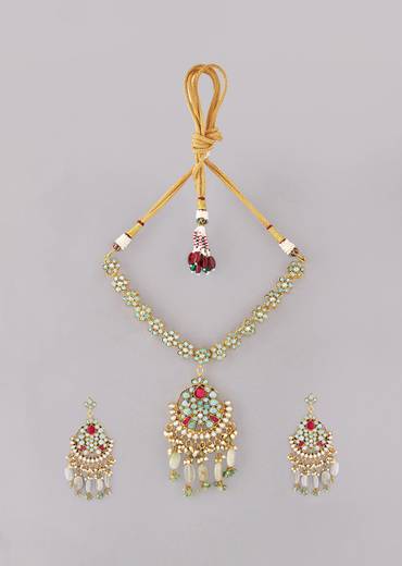 Aqua Blue Multi Necklace Set With Pachi Kundan