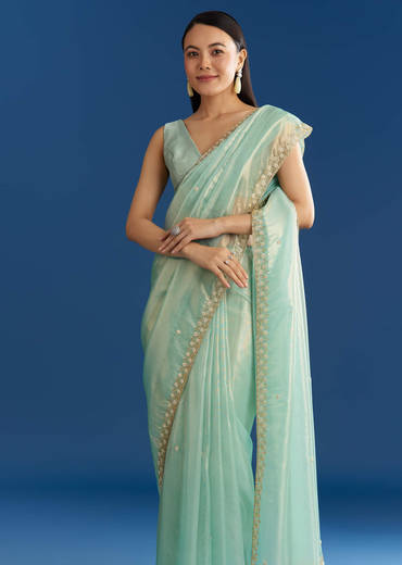 Aqua Blue Organza Tissue Saree With Cutdana And Beads Scallop Border