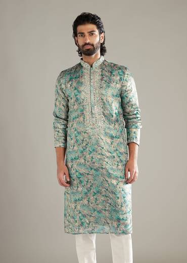 Aqua Blue Silk Kurta Set For Men With Hand Embroidery And Floral Print
