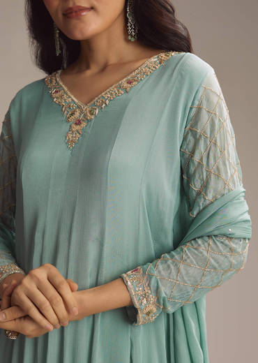 Aqua Green Chinon Anarkali Suit With Cutdana And Sequins Work