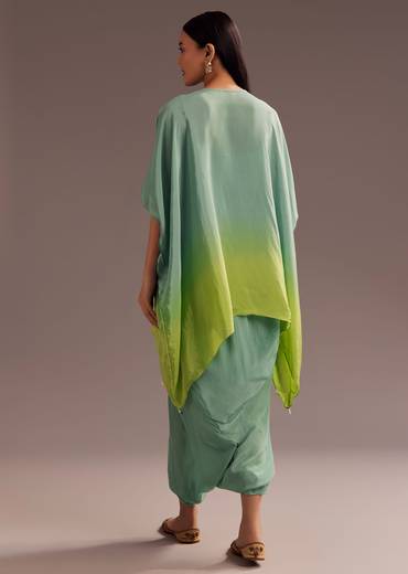 Aqua Green Ombre Moti Zardosi Kaftan Kurta Dhoti Set