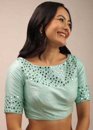 Aqua Blue Padded Blouse With Mirror Work And Half Sleeves