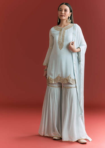 Baby Blue Georgette Kurta Sharara Suit With Gotta Lace And Moti Work