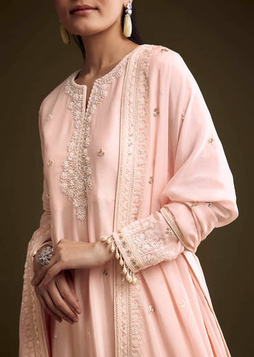 Baby Pink Chinon Palazzo Suit With Thread And Sequins Work