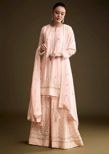 Baby Pink Chinon Palazzo Suit With Thread And Sequins Work