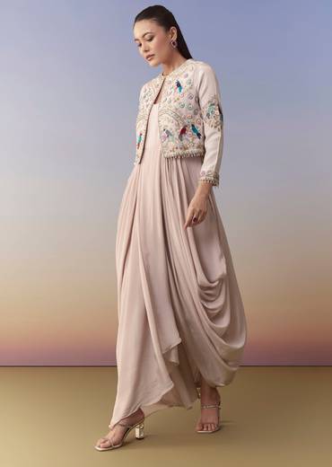 Baby Pink Cowl Draped Sequin Gown and Jacket Set