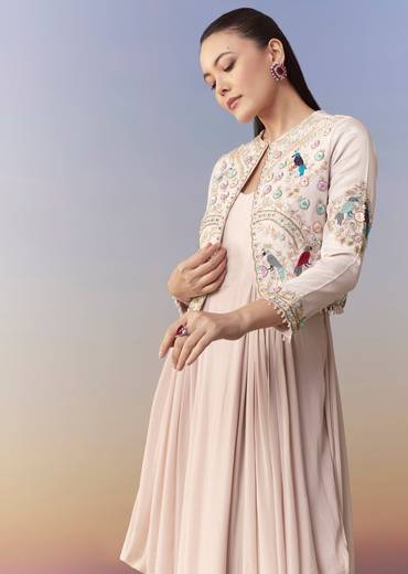 Baby Pink Cowl Draped Sequin Gown and Jacket Set