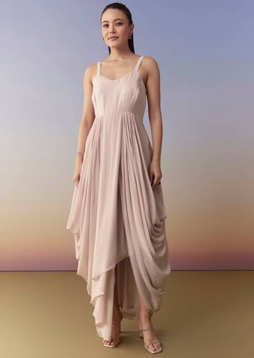 Baby Pink Cowl Draped Sequin Gown and Jacket Set