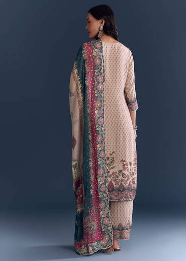 Baby Pink Crepe Kurta Set With Indie Print And Zari Work