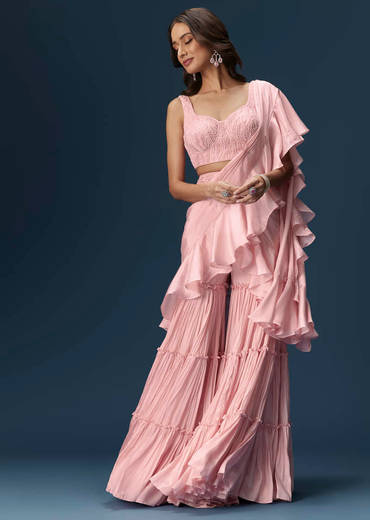 Baby Pink Frill Saree With Fancy Blouse