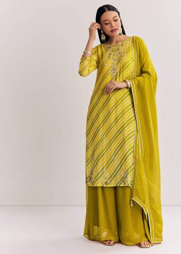 Baby Pink Georgette Kurta Palazzo Suit With Moti Work And Gotta Lace