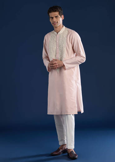 Baby Pink Kashmiri Work Banarsi Silk Mens Kurta and Pant Set