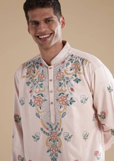 Baby Pink Modal Mens Kurta Set with Thread Resham Detail Work