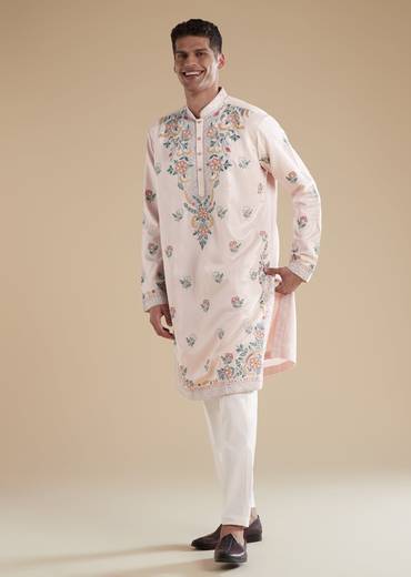 Baby Pink Modal Mens Kurta Set with Thread Resham Detail Work
