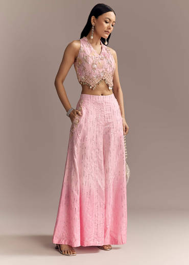 Baby Pink Silk Crop Top And Palazzo Set With Intricate Embroidery