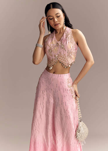 Baby Pink Silk Crop Top And Palazzo Set With Intricate Embroidery