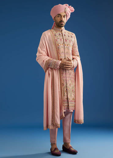 Baby Pink Tussar Sherwani With Cutdana And Tikki Stone Work