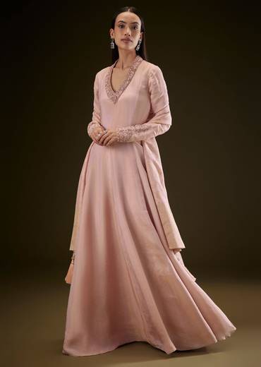 Baby Pink V Neck Anarkali With Printed Dupatta