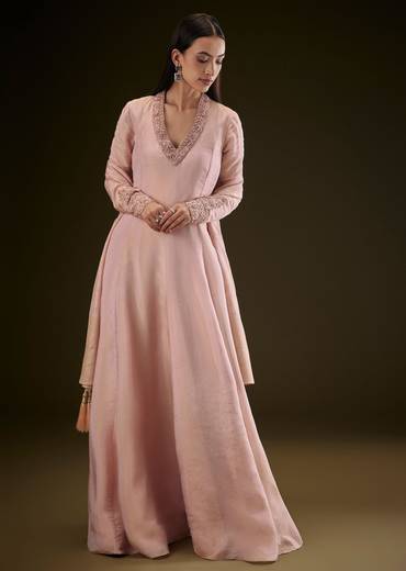 Baby Pink V Neck Anarkali With Printed Dupatta