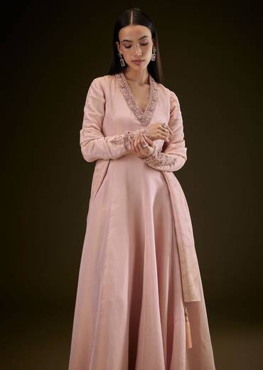 Baby Pink V Neck Anarkali With Printed Dupatta