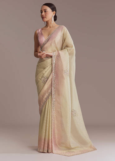 Beige And Pink Ombre Jacquard Embroidered Saree With Mirror Work
